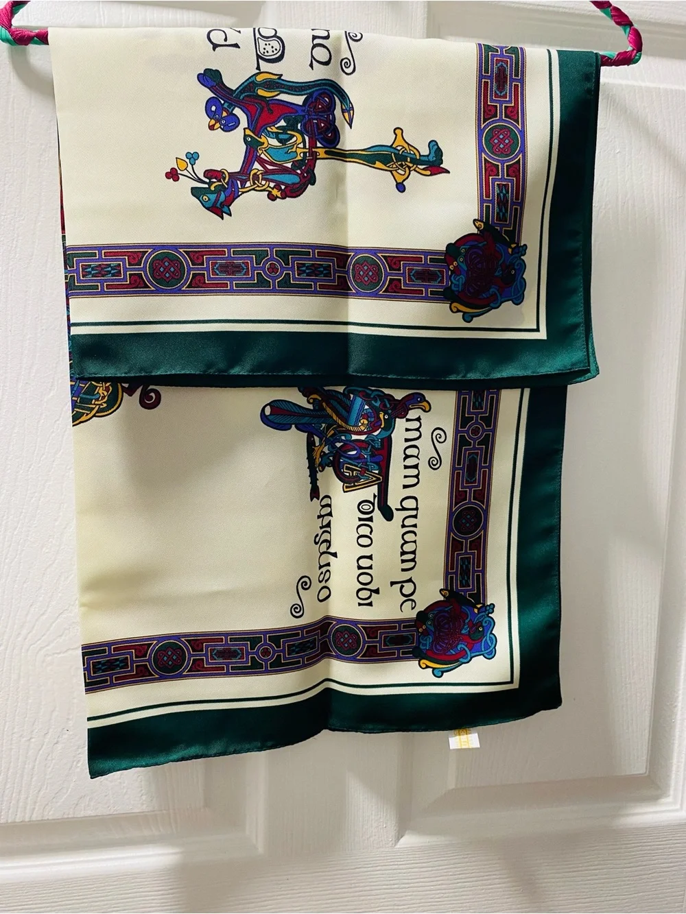 Celtic Dragon Scarf in Ivory, Green, Red, Blue inspired by the Book of Kells.